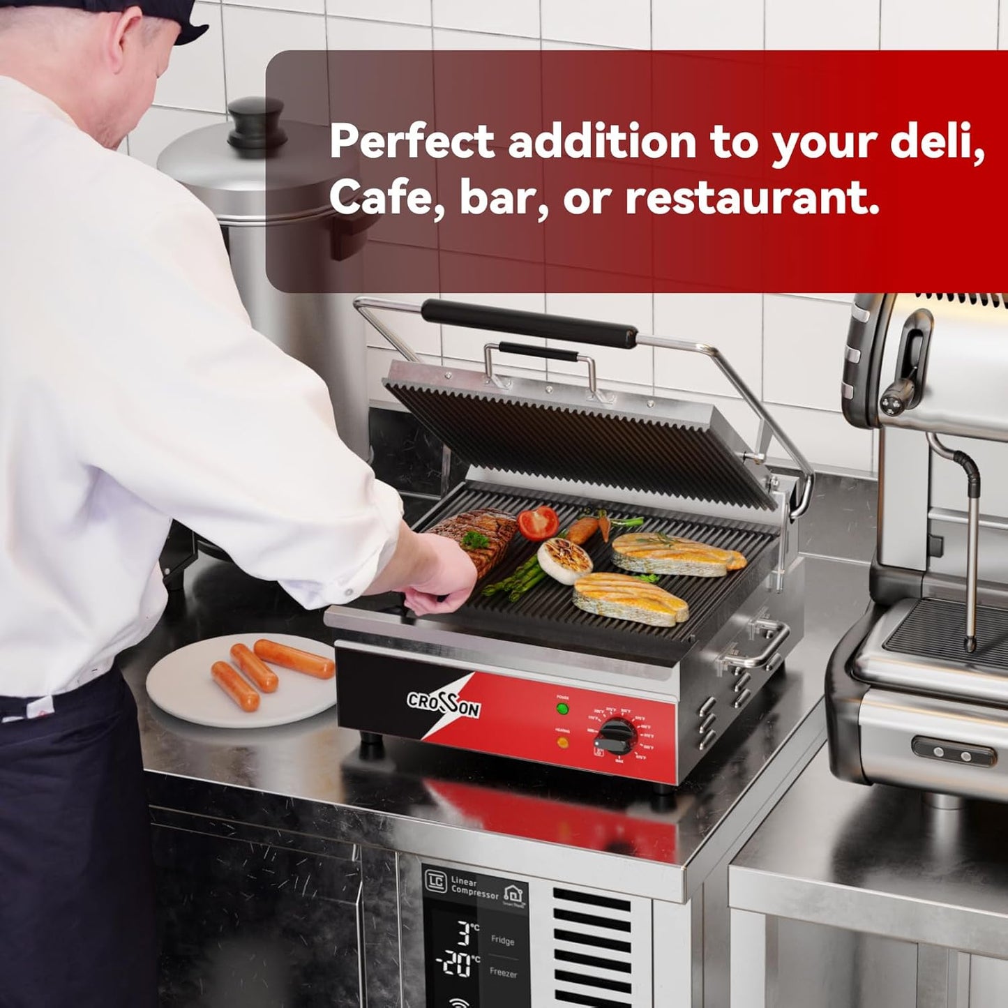 CROSSON 15"×11" Ribbed ETL Listed Commercial Electric Panini Grill,Hinged Auto Leveling Top Plate Panini Press Sandwitch Maker