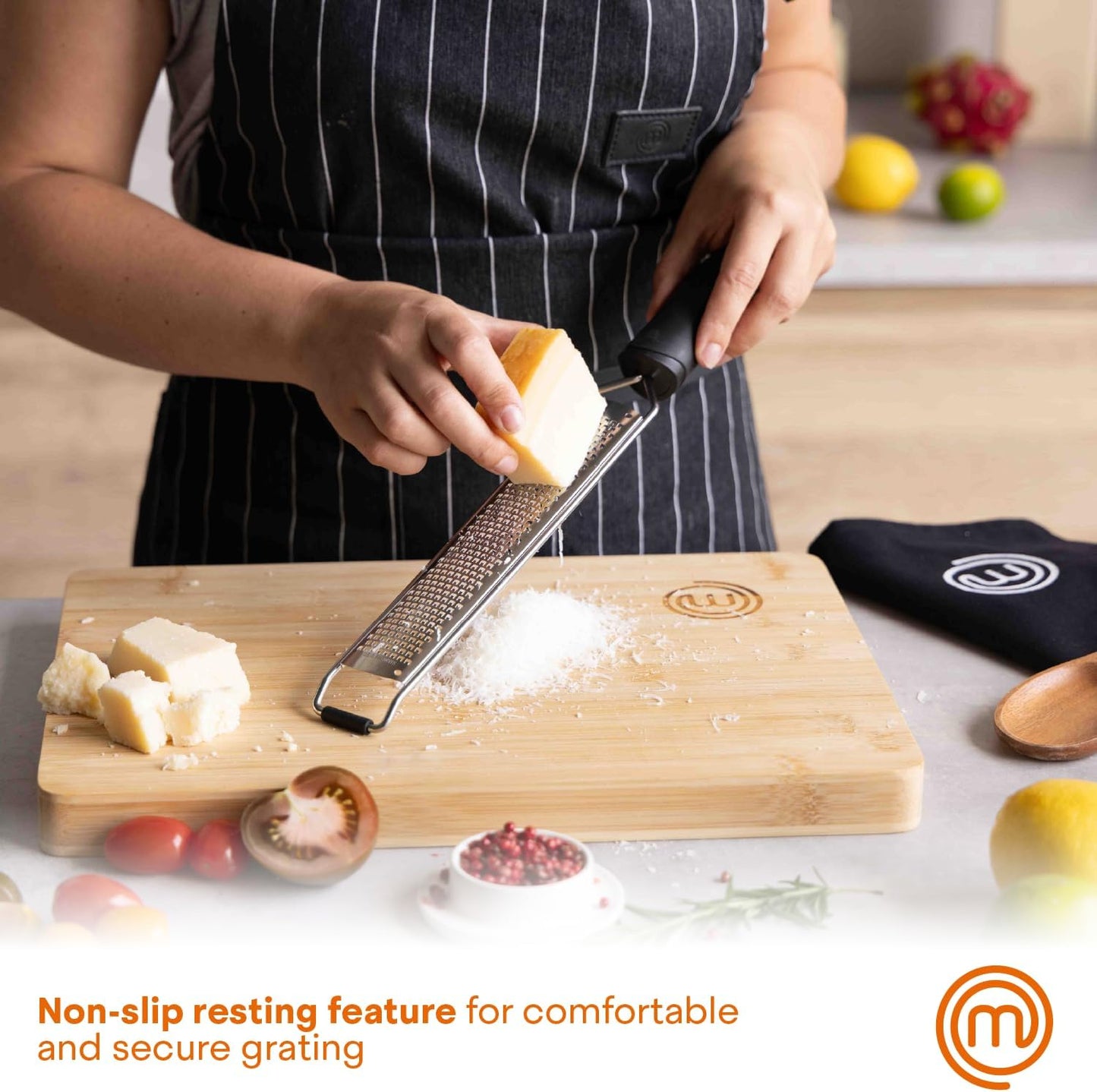 MasterChef Zester Grater with Handle, Kitchen Tool for Zesting Citrus Fruits & Finely Grating Parmesan Cheese, Garlic, Ginger, Coconut, Nutmeg, Wasabi, Chocolate etc, Stainless Steel