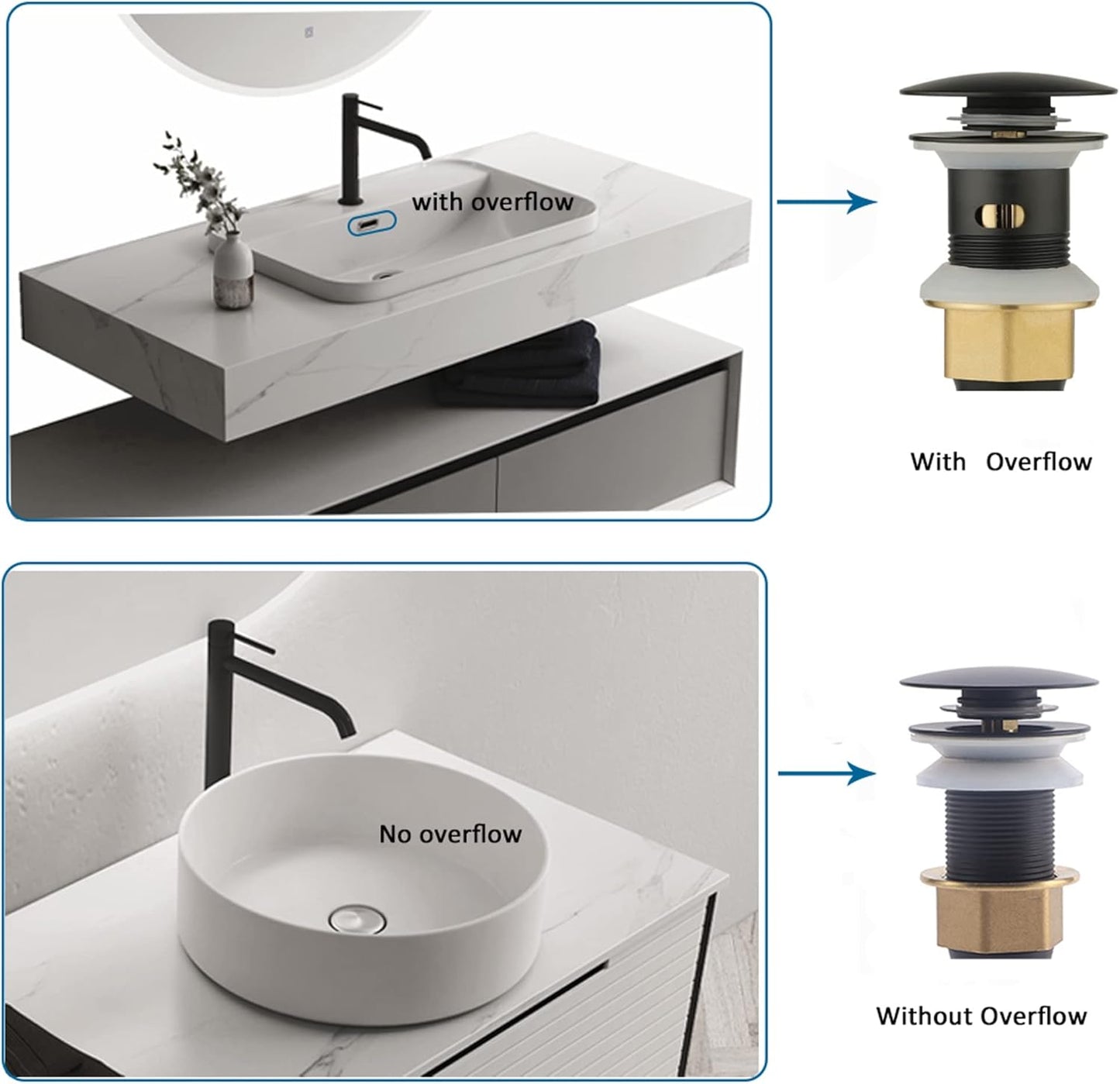 Bathroom Sink Drain,2 Pack Drain Stopper Bathroom Sink with Overflow,Pop Up Drain Assembly with Detachable Strainer Basket,Built-in Anti-Clogging Strainer,Stainless Steel Mattle Black