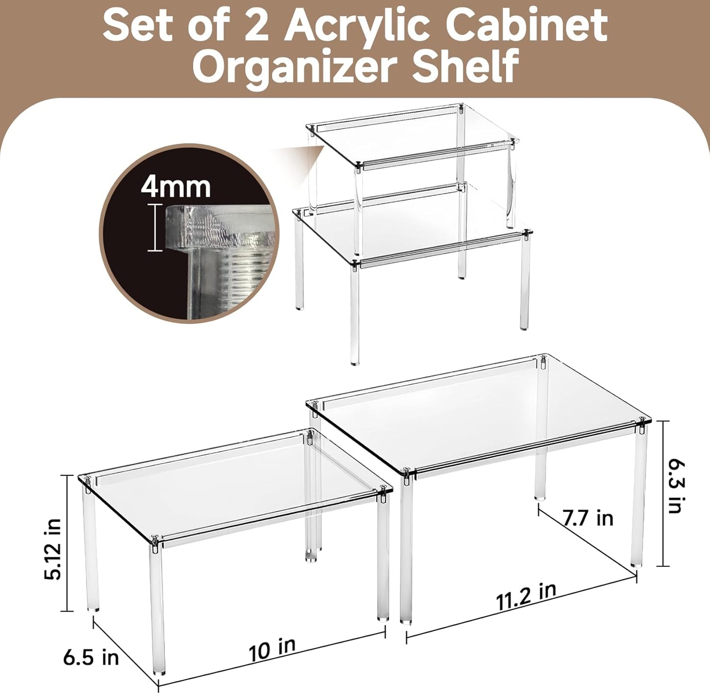 Clear Kitchen Cabinet Organizer, Set of 2 Stackable Spice Rack, Acrylic Shelves for Pantry Organizers and Storage, Tiered Spice Organization for Cabinet, Shelf Organizer for Desk Countertop