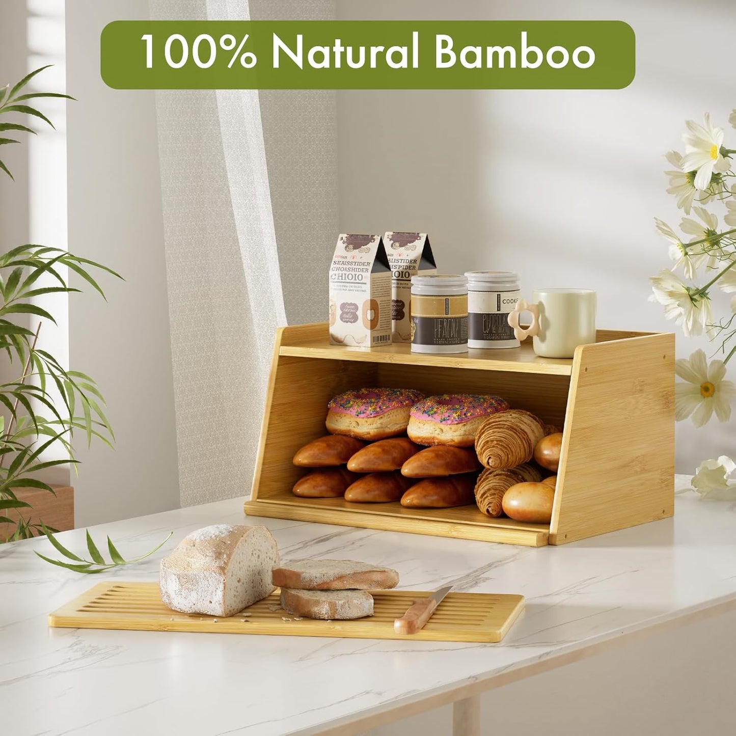 Bamboo Bread Box with Cutting Board for Kitchen Countertop – Large Capacity Bread Storage Container for Kitchen, Multi-Use Organizer for Bread, Fruits, Baked Goods