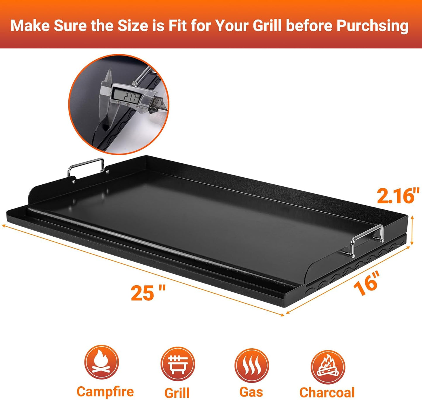 Skyflame Nonstick Griddle Top for Gas Grill, 25"x16" Large Cooking Area Flat Top Griddle with Grease Groove and High Sidewalls, Fit for Camping, Tailgating, Parties