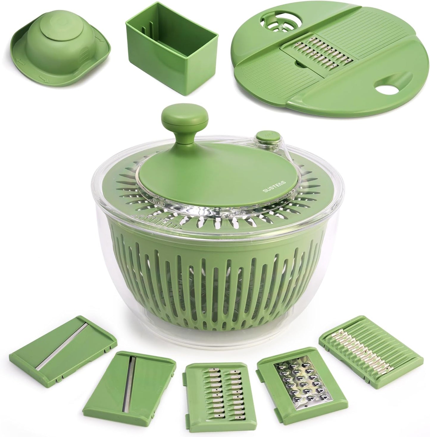 SUSTEAS Salad Spinner Large, Vegetables Wash Bowl, Fruits & Herb Lettuce Dryer with 5 Blade Slicer Egg Yolk Strainer Shredder for Efficient Salad Preparation and Food Washing, 4.25Qt