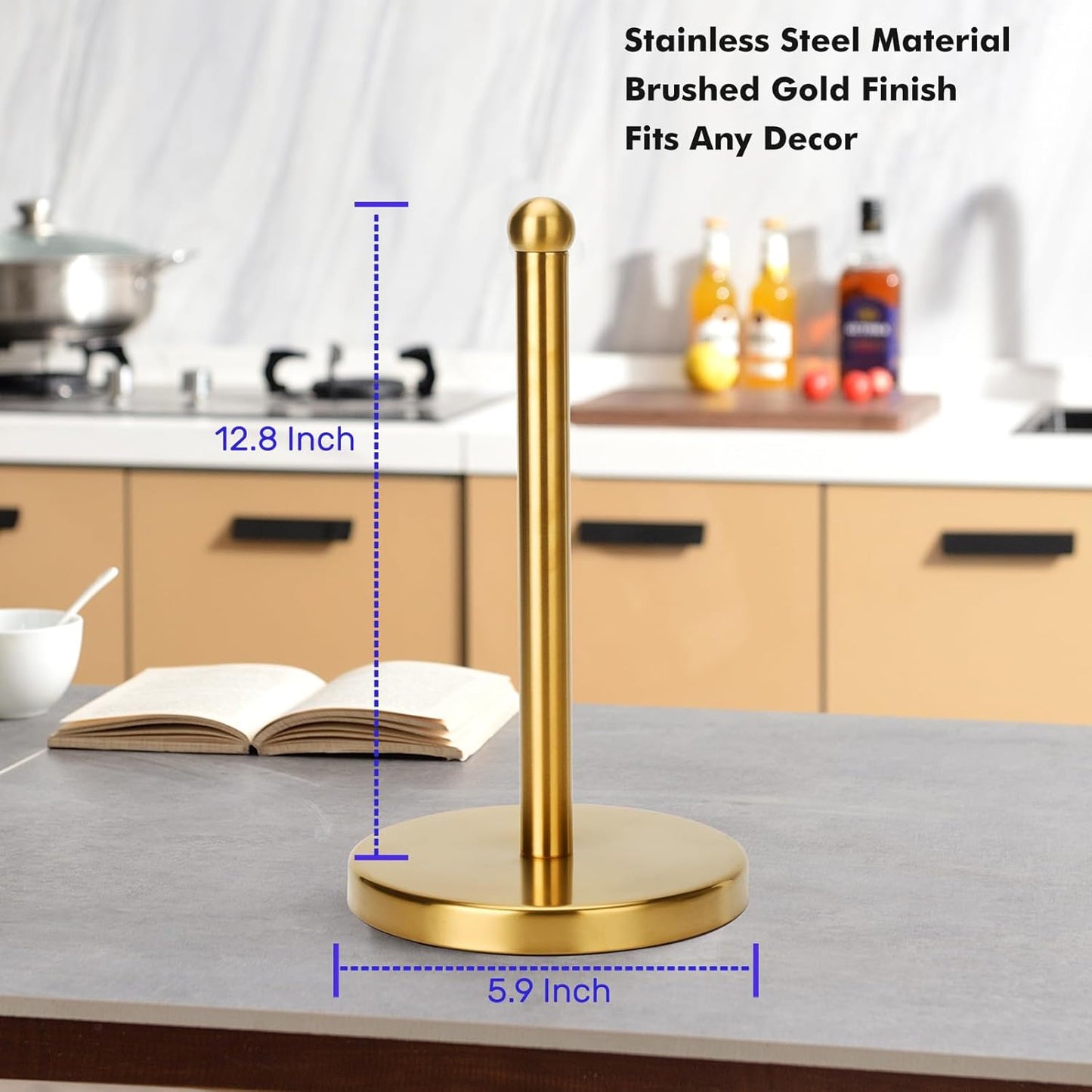 Paper Towel Holder Stand with Sturdy Base Fits Standard and Jumbo Sized Paper Towel, Paper Towel Holder Countertop (Gold)