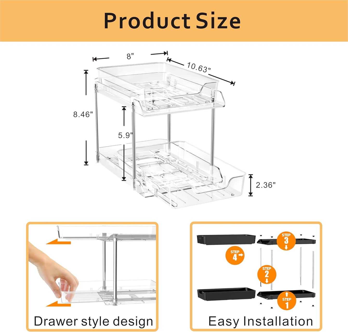 JLKDQ 4 Pack Bathroom Under Sink Organizers and Storage, 2-Tier Pull Out Medicine Cabinet Organizing- Kitchen, Pantry, Medicine Storage Bins, Vanity Makeup.(Clear,10.63" L x 8.0" W x 8.46" H).