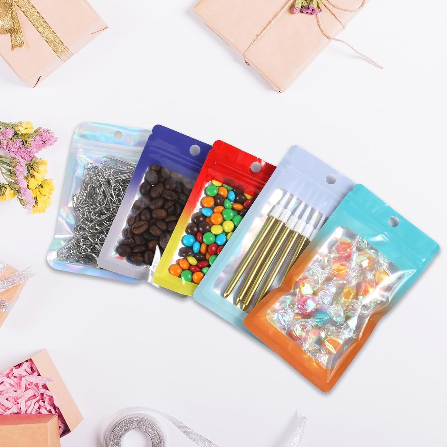 200 Pack Resealable Mylar Holographic Bags Food Storage Smell Proof Bags with Front Window Foil Packaging Pouch for Candy Sample Jewelry Small Business 3.15×5.51 Inch, Blue Fade Purple