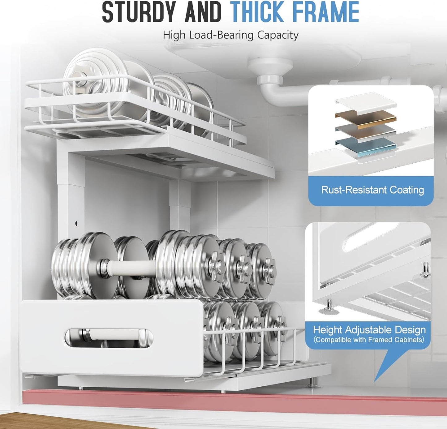 2 Pack Under Sink Organizer with Smooth Ball Bearing Slides, 2-Tier Pull Out Cabinet Storage, Slide Out Drawers for Bathroom and Kitchen, Under Sink Shelf, Rust-resistant Coating, Height Adjustable