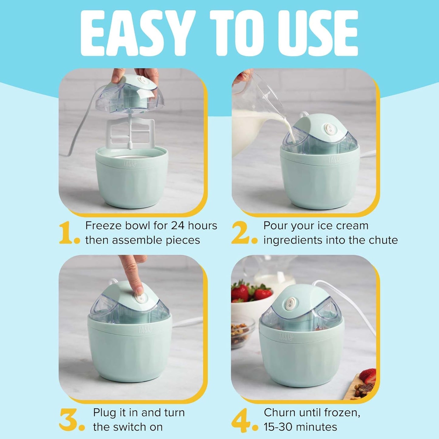 Tasty Mini Ice Cream Maker, Make Ice Cream, Sorbet, Frozen Yogurt, Gelato, Desserts, Quick Results, Single-Serve, Aqua
