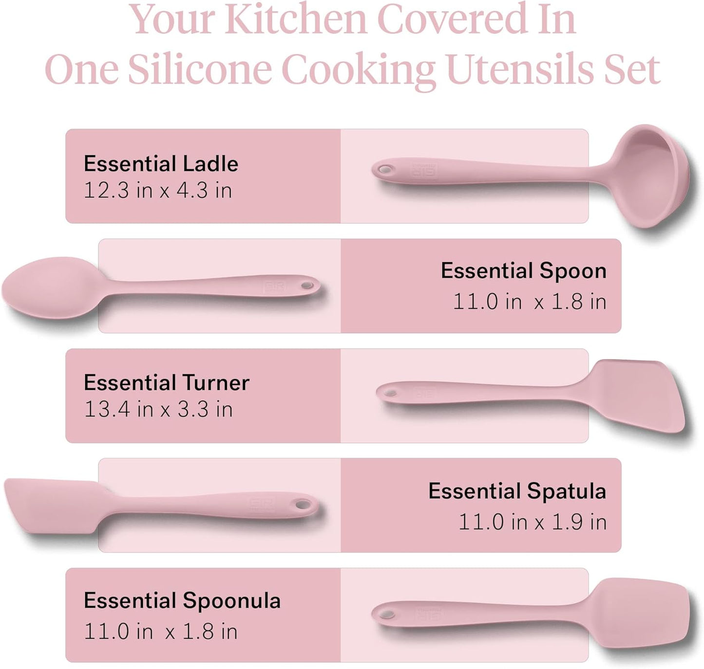 GIR: Get It Right - 5 Piece Essentials All Purpose Set - Ladle, Spatula, Flip, Spoon & Spoonula, Non-stick, Heat Resistant, Dishwasher Safe, Kitchen Utensils, Baking Supplies - Rose