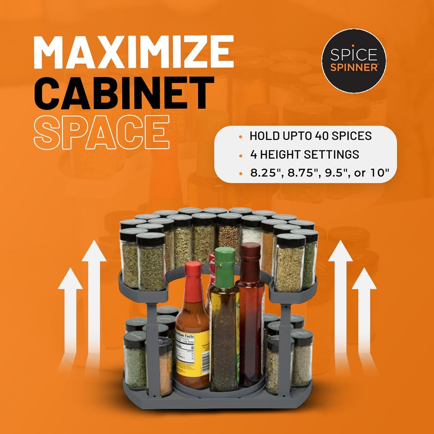 2-Tier Spice Rack Organizer for Cabinet | Rotating Lazy Susan Spice Organizer Holds 40 Spice Jars | Countertop & Pantry Spice Shelf for Kitchen Organization & Storage (Gray)