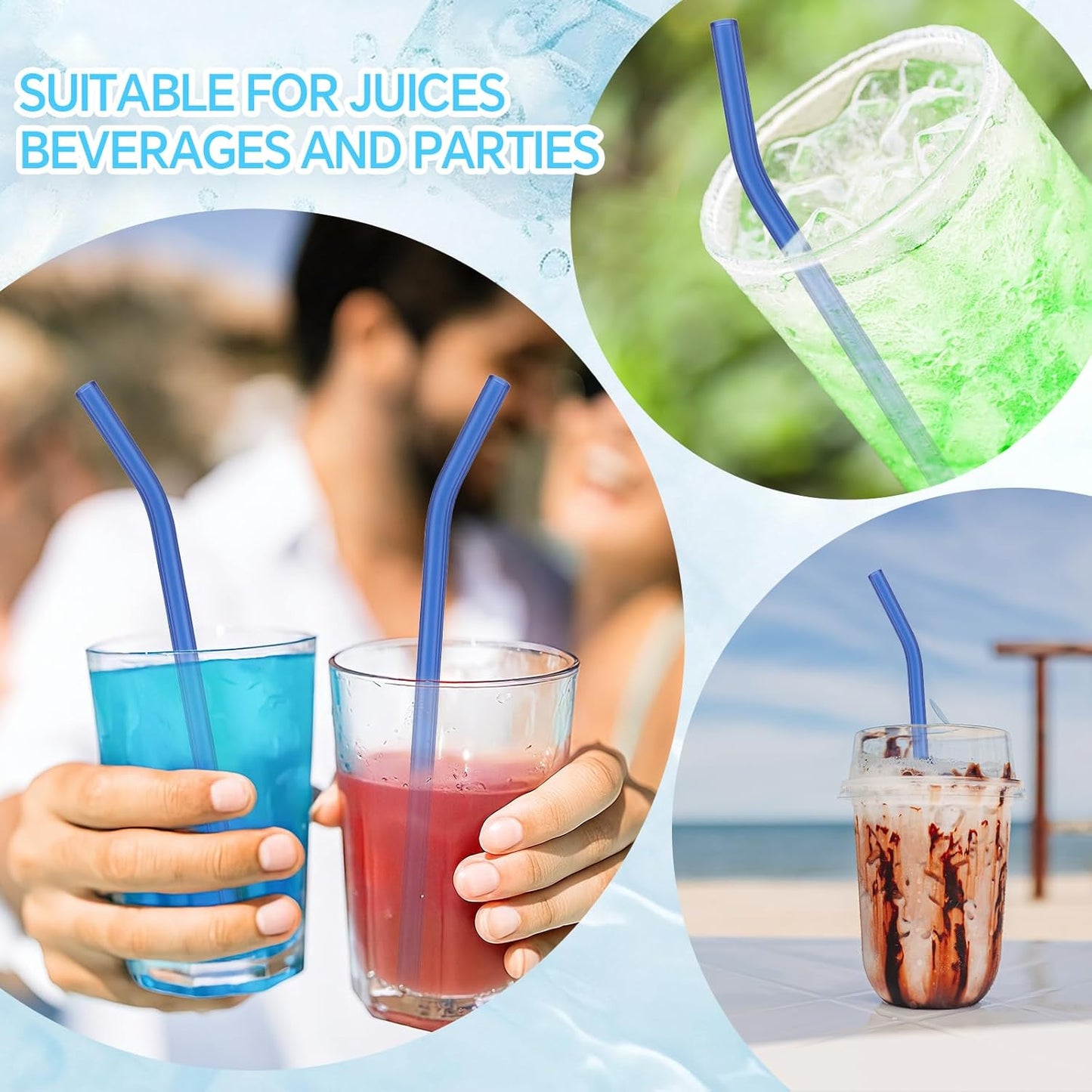 12 Pcs Reusable Glass Straws 8"x 8 mm Bent Glass Drinking Straws with Cleaning Brush for Tea, Smoothies, Milkshakes, Juices,Beverages(Light blue)