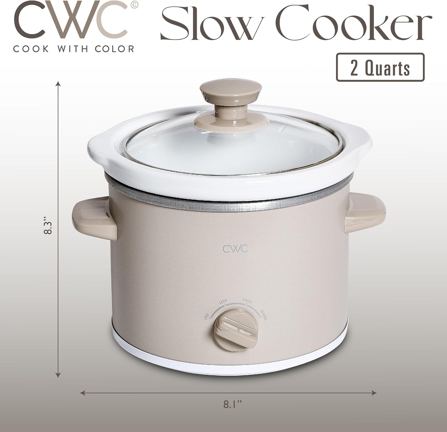 COOK WITH COLOR 2QT Mini Electric Round Slow Cooker - Adjustable Settings, Removable Stoneware Pot, Tempered Glass Lid, Dishwasher Safe, Cool-Touch Side Handles, Sand
