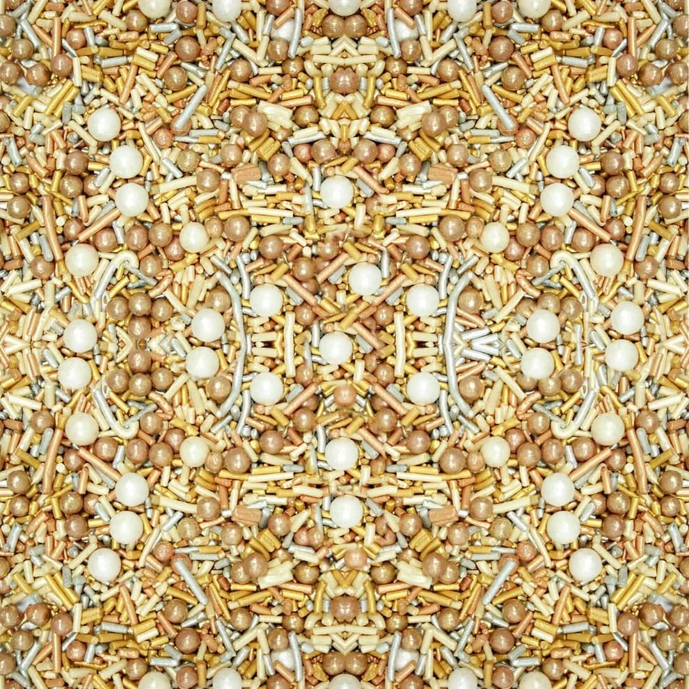 Confect Sprinkle Mix – Gold & White Pearl Sugar Strands for Baking, Cake Decoration & Cupcake Topping – Vegan, Gluten-Free, Nut-Free, Soy-Free, Dairy-Free, Palm Oil-Free – 4.2 Oz