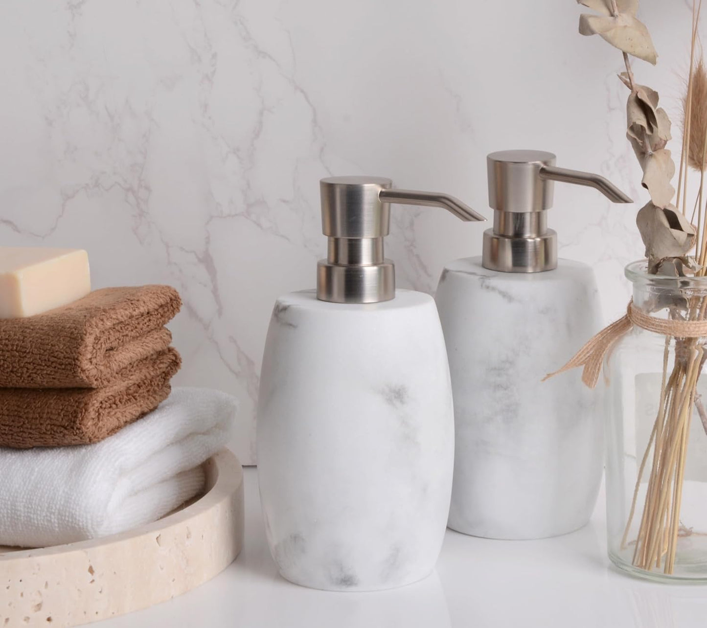 Resin Hand Soap Dispenser, Refillable Soap Dispenser with White Marble Look and Metallic Pump, Waterproof Bottle Labels for Bathroom Kitchen Dish Hand Wash Shower Lotion Shampoo (12 Oz)