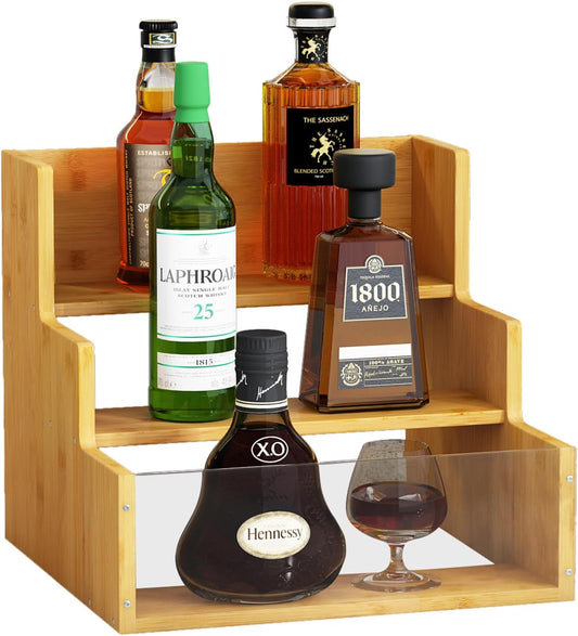 Liquor Bottle Display Shelf Bar Shelves - Bamboo 12 Bottle Syrup Rack for Coffee Bar, Wine Bottle, Spices, Liquor and Whiskey Bottle Display