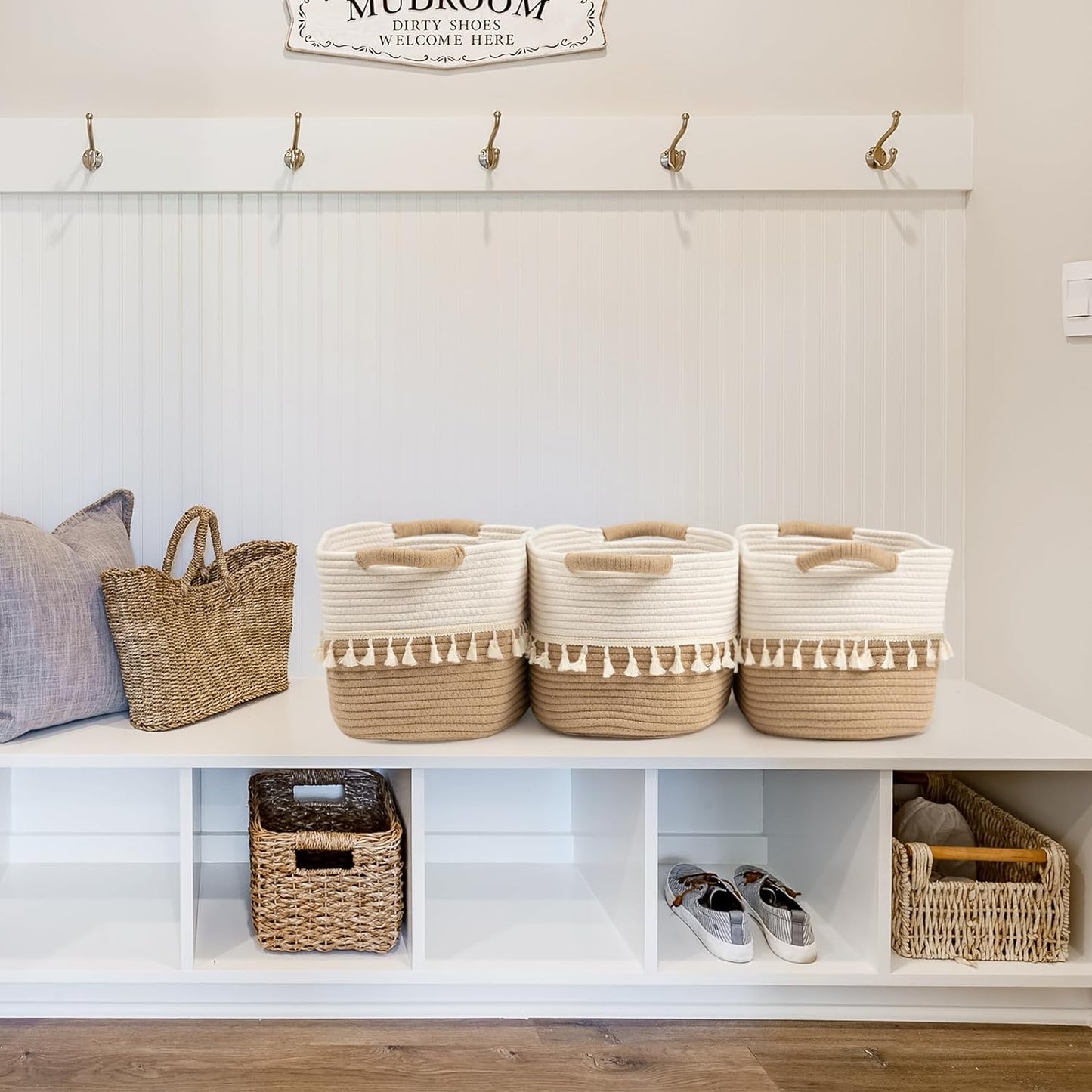 TeoKJ Woven Storage Bin Set of 3, Cotton Rope Basket for Storage, Clothes Boho Basket Bin for Organizing, Fabric Basket for Books, Plants, Pet Treats, White & Jute