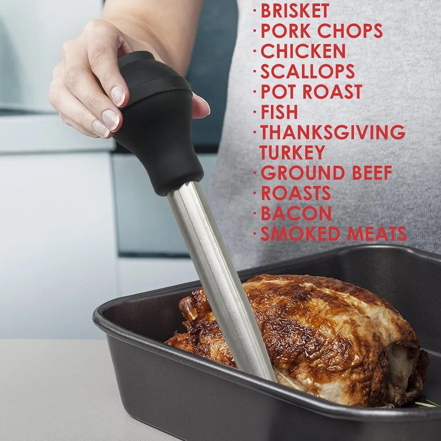 KAYCROWN Thanksgiving Roasting Kit - Stainless Steel Turkey Baster and Turkey & Roast Lifters, Silicone Turkey Baster with 2 Marinade Needles & Stainless Steel Turkey Forks Set