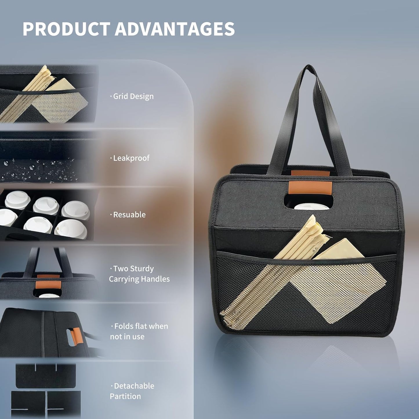 Reusable 4/6 Cup Drink Carrier with Handle and Adjustable Dividers, Insulated Caddy for Take Out, Foldable Coffee Cup Holder for Hot & Cold Drinks (Black, 6 Cups)