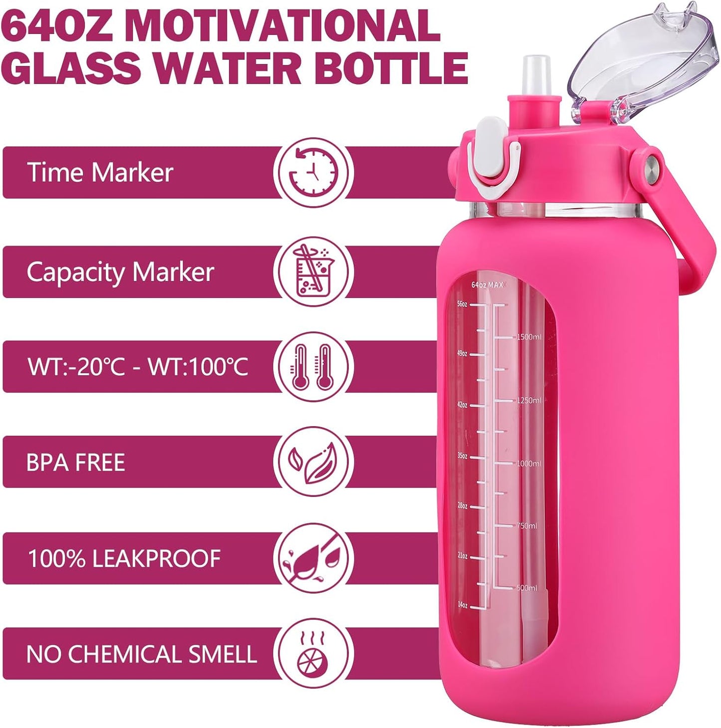 kytffu 42oz Glass Water Bottles with Straw, Motivational Glass Bottle with Silicone Sleeve and Time Marker, Leakproof Large Glass Water Jug for Gym Home Office,Rose red