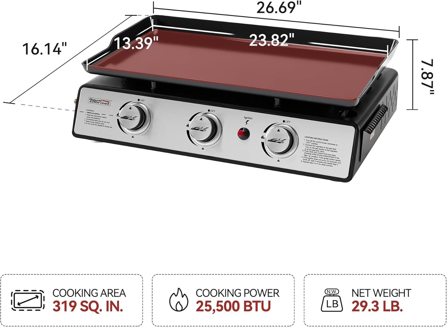 Royal Gourmet PD1301S Portable 24-Inch 3-Burner Table Top Gas Grill Griddle with Cover, 25,500 BTUs, Outdoor Cooking Camping or Tailgating, Black