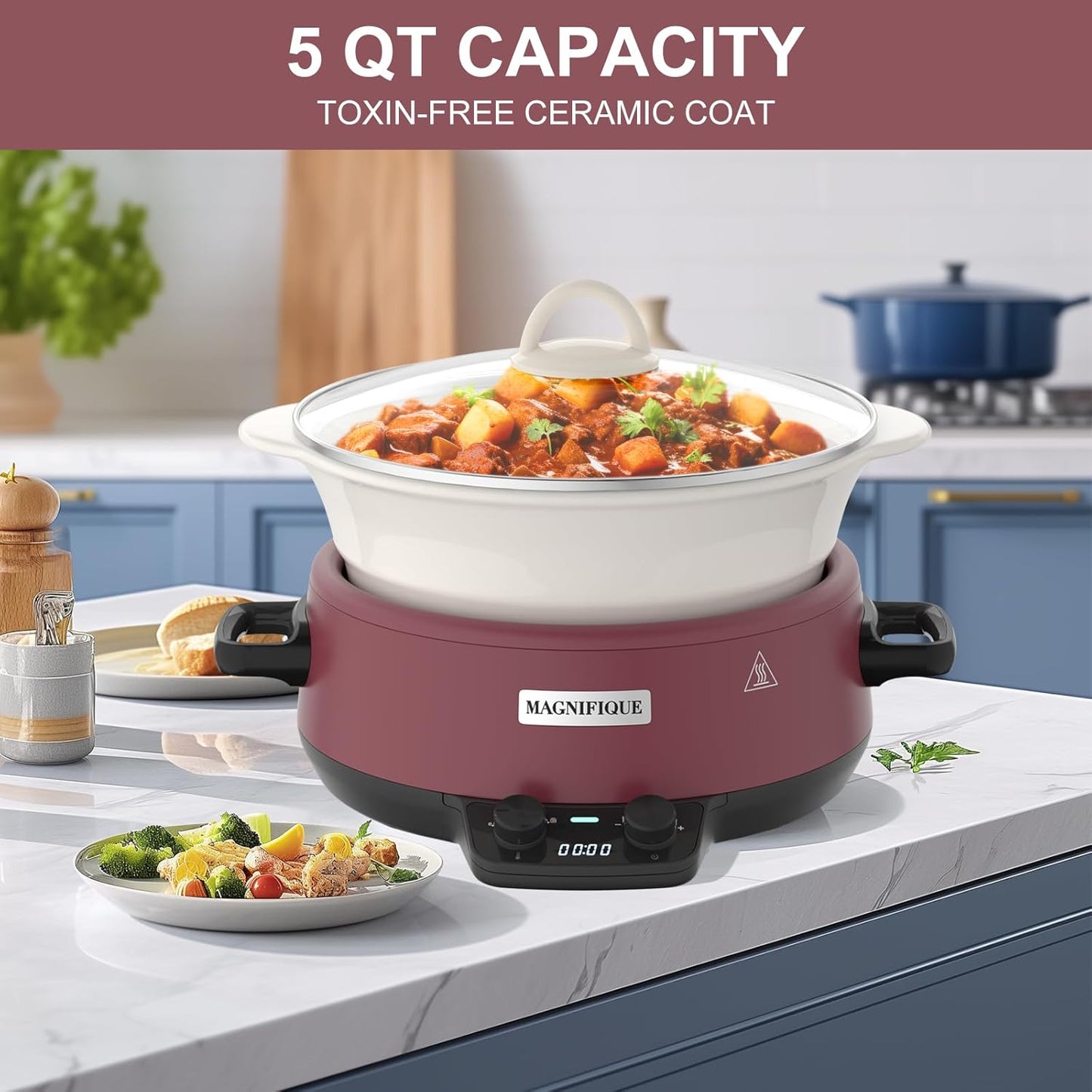 MAGNIFIQUE 5 Quart Programmable Slow Cooker with Auto Warm Setting, Glazed Ceramic Liner, Kitchen Small Appliance for Family Dinners, Red