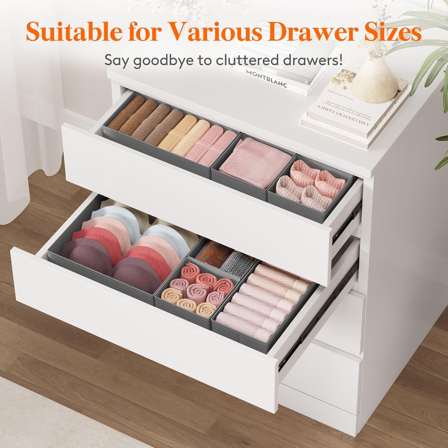 Lifewit Drawer Organizer Clothes for Closet 48 Pack, 3 Sizes Underwear Wardrobe Drawer Dividers, Fabric Foldable Dresser Storage Organizer Bins for Sock/Bra/Lingerie/Undies, Gray