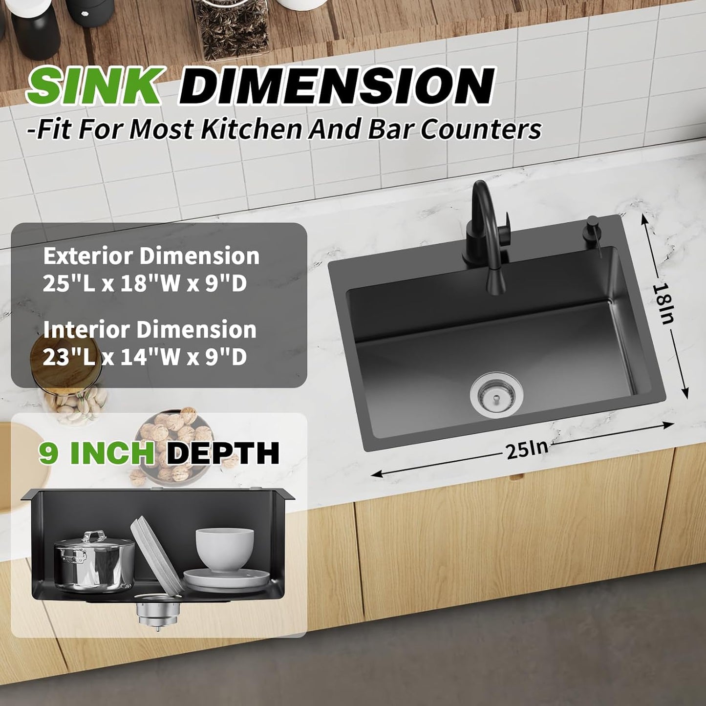 Black 25x18 Inch Kitchen And Bar Sink - Stainless Steel Drop In Single Bowl Topmount Modern Kitchen And Bar Sink With Spoon Rest,Drain Strainer Set Compatibility With Various Kitchen&Bar Style