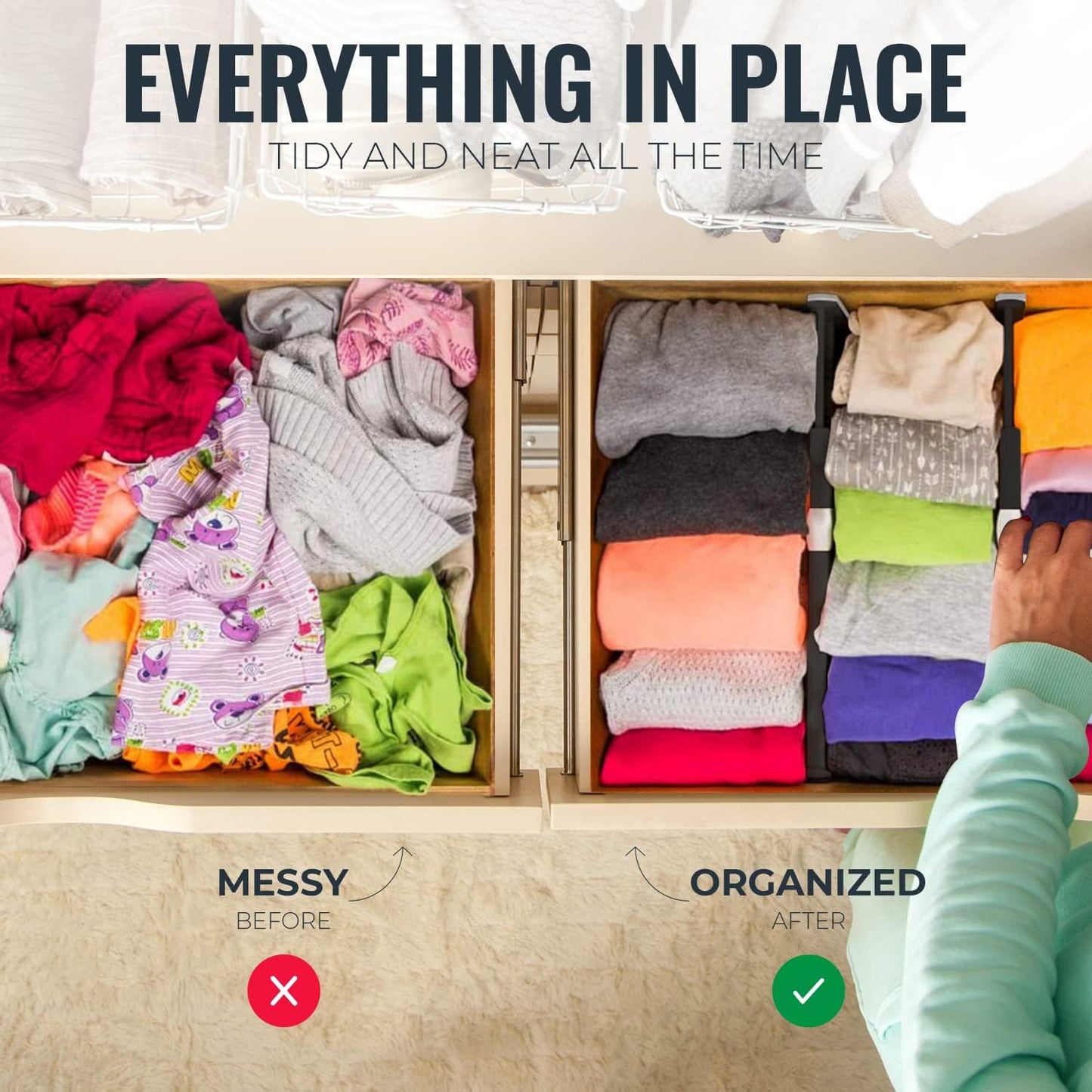 RAPTUROUS Adjustable Drawer Dividers, 6" Tall, Expandable 13-22", 4-Pack, Non-Slip for Deep Drawers in Kitchen, Bedroom, Office, and Nursery (Black)