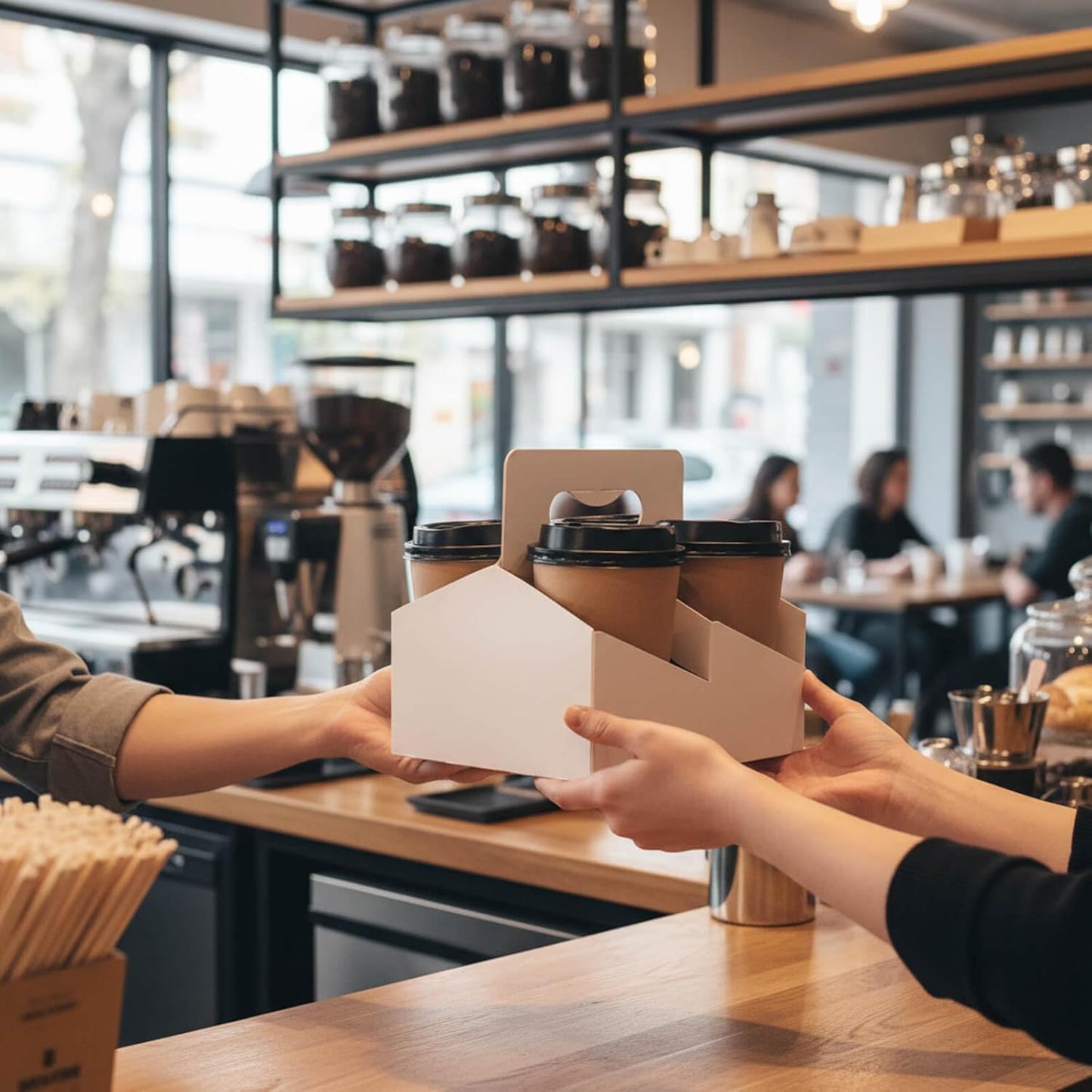 Kraft Paperboard 4-Cup Drink Carrier with Handle, 12-30 oz Coffee Cup Holder, Takeout Beverage Delivery, 15-Pack(Without Cups)