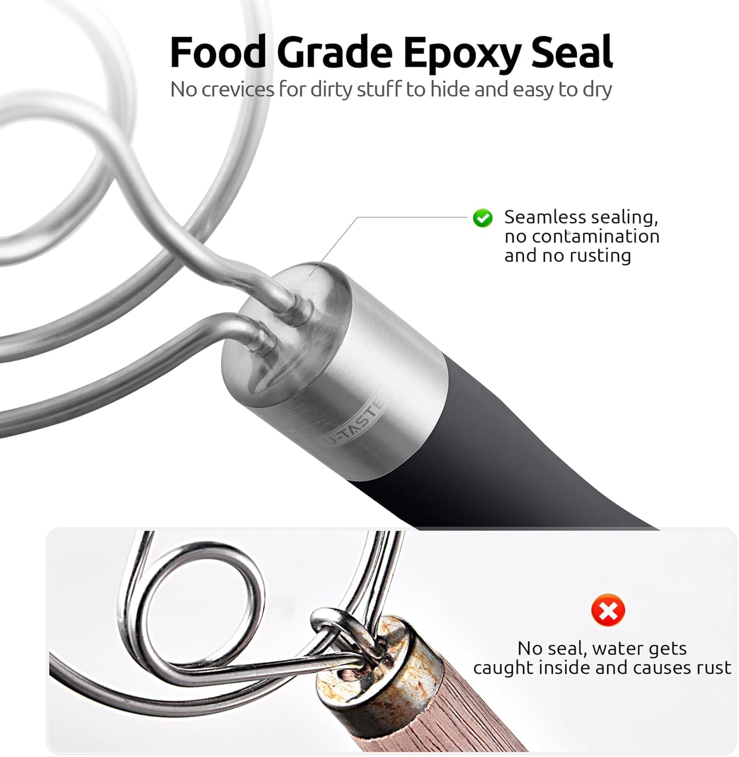 U-Taste 12.6" Danish Dough Whisk: 18/8 Stainless Steel Heavy-Duty Sourdough Mixer Tool, Food Grade Dutch Style Seamless Bread Wisk, Sturdy for Mixing, Stirring, Pressing, Kneading Thick Batter (Black)