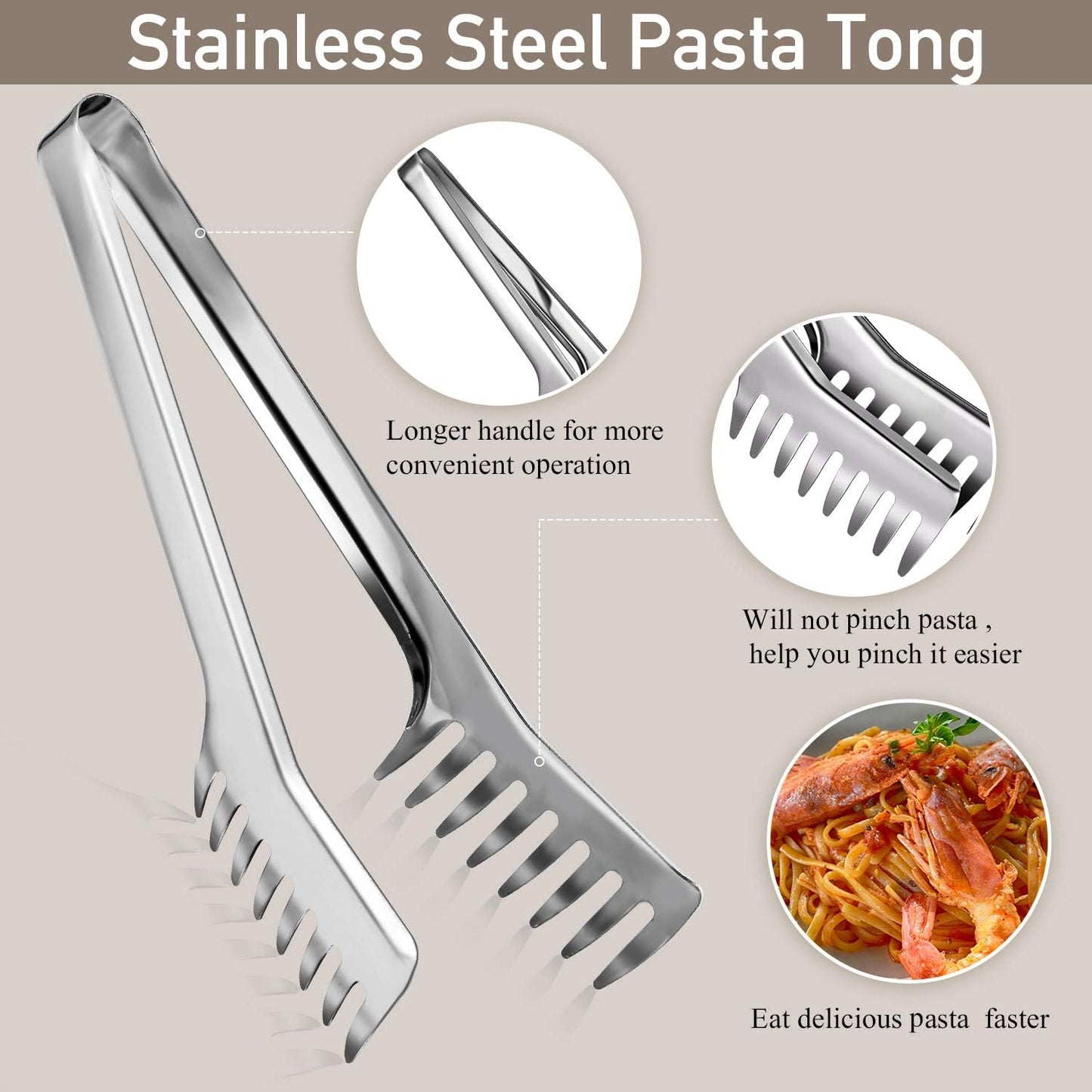 Patelai 2 Pcs Stainless Steel Pasta Spoon with Teeth Large Spaghetti Utensil, 9.4'' Tong and 13.6'' Pasta Fork with Vacuum Handle, Comfortable Grip Design Spoons for Kitchen(Sliver)