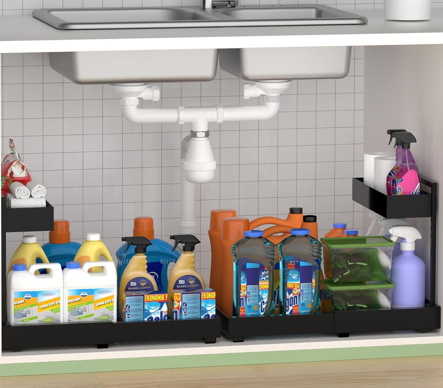 Under Sink Organizer and Storage, All Metal Heavy Duty Expandable Storage Basket, 2 Tier Bathroom Cabinet Organizer, Height Adjustable, Easy Pull Out, Black, 2 Pack