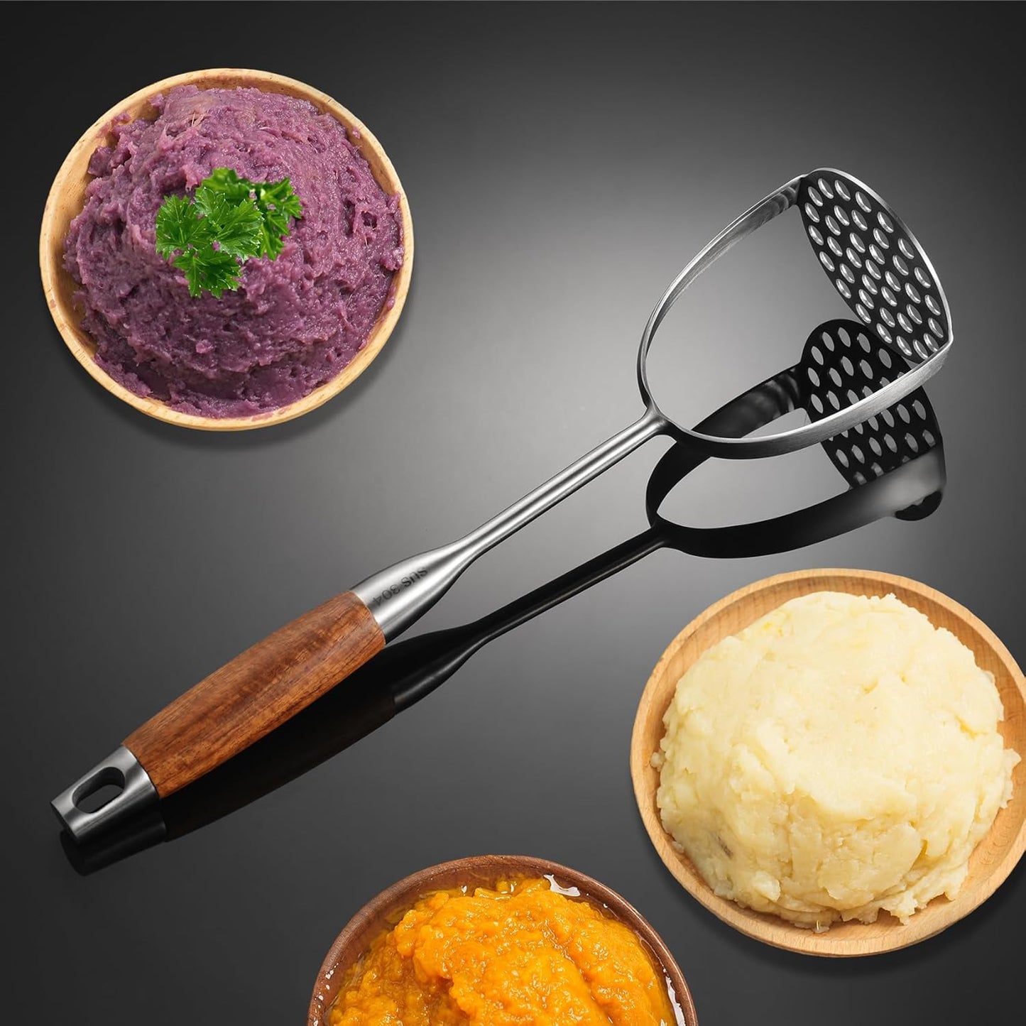 Potato Masher Stainless Steel, Manual Mashed Potato Masher,Wooden handle Potatoes Smasher Kitchen Tool for Avocado,Potatoes, Vegetables, 13.5Inch Long handle Large Heavy Duty Metal Mashing Utensil