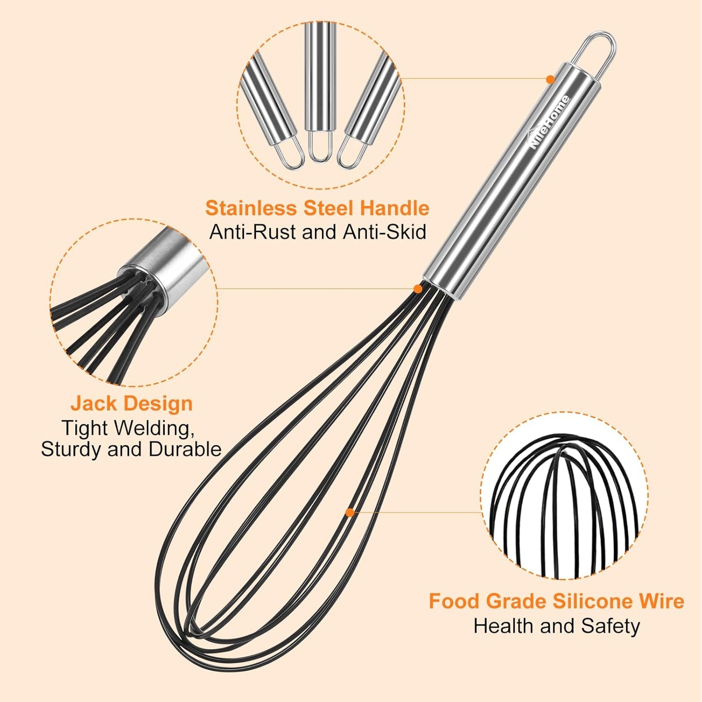 NileHome Whisk Commercial Whisks Stainless Steel & Silicone Non-Stick Coated Small Whisk Set 8" 10" 12" Kitchen Wisk Wire Whisks for Cooking 3 Pack, Black