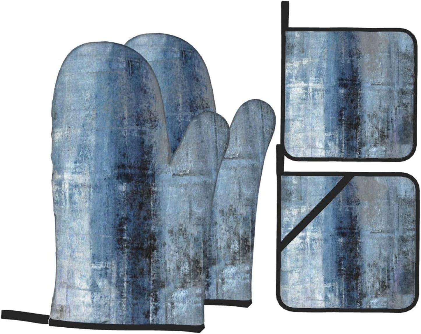 Blue and Grey Abstract Art Oven Mitts and Pot Holders Sets of 4 High Heat Resistant Oven Mitts with Oven Gloves and Hot Pads Polyester Potholders for Kitchen Baking Grilling BBQ Cooking Mitts