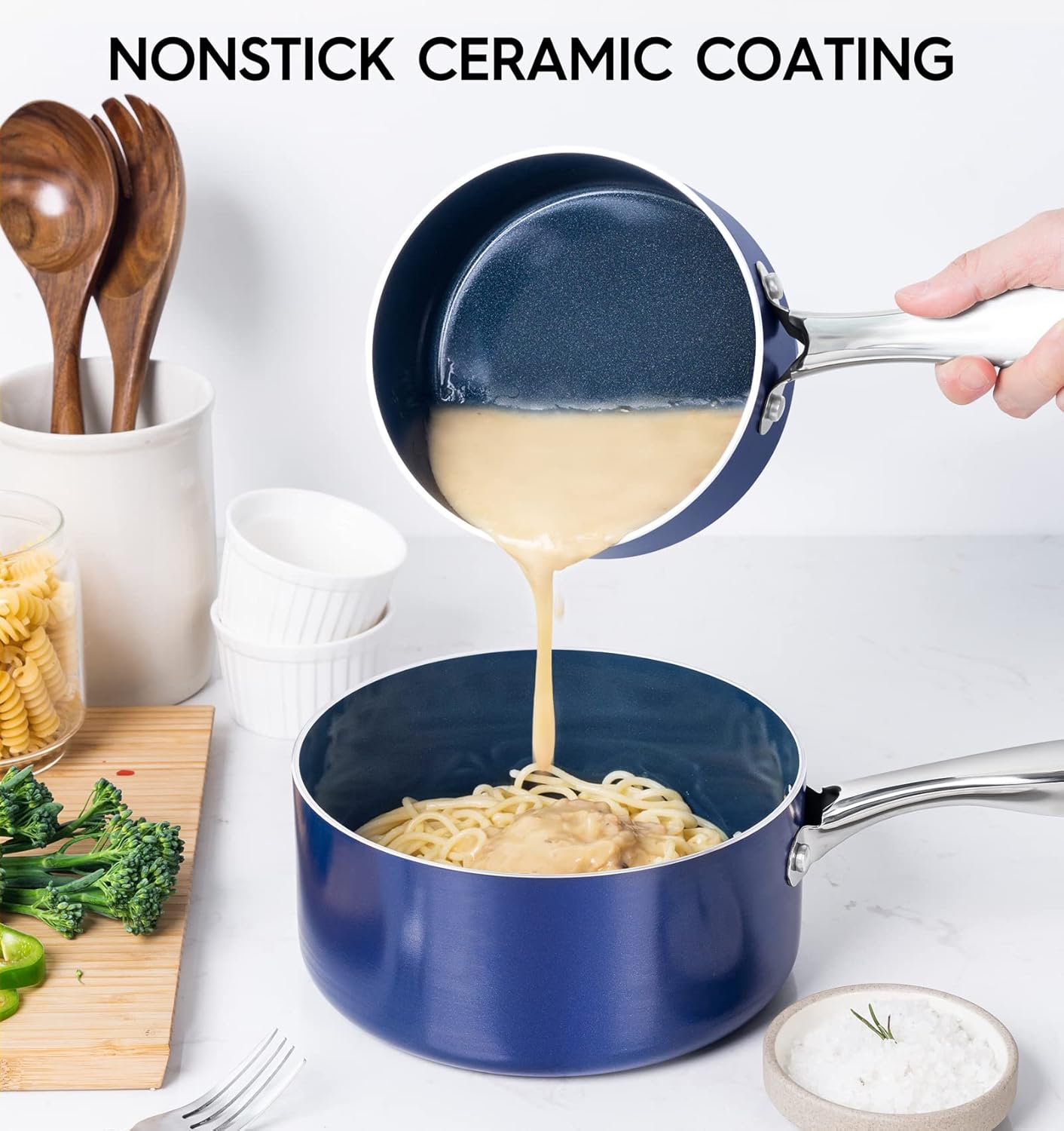 MICHELANGELO 1 Quart Saucepan with Lid, Nonstick Ceramic Sauce Pan with Stainless Steel Handle, 1 Qt Saucepan with Lid Oven Safe, Blue