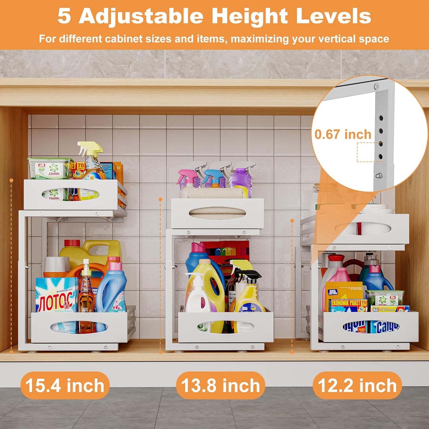 Under Sink Organizer, 2 Tier Under Sink Organizers and Storage, Adjustable Height, Slide Out Metal Cabinet Organizers, Pull Out Cabinet Storage Drawer Shelf for Kitchen Bathroom White, 1 Pack