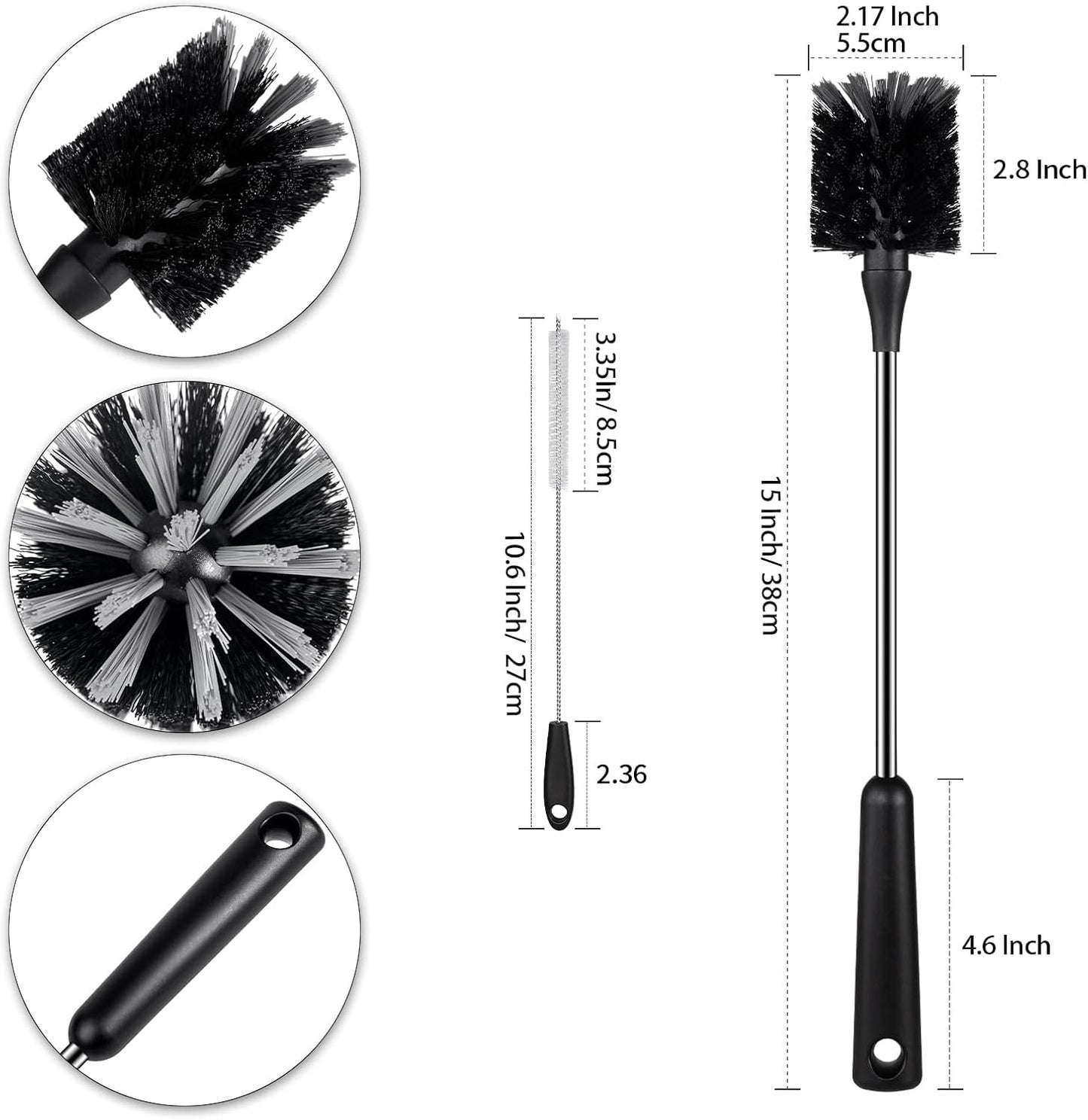 4 Pack Water Bottle Brushes with Straw Cleaner, Stainless Steel Handle Baby Bottle Brush Cleaner, Kitchen Scrub Cleaning Brushes for Cup, Wine Glasses, Coffee Mugs, Tumblers, Wine Decanters, Black