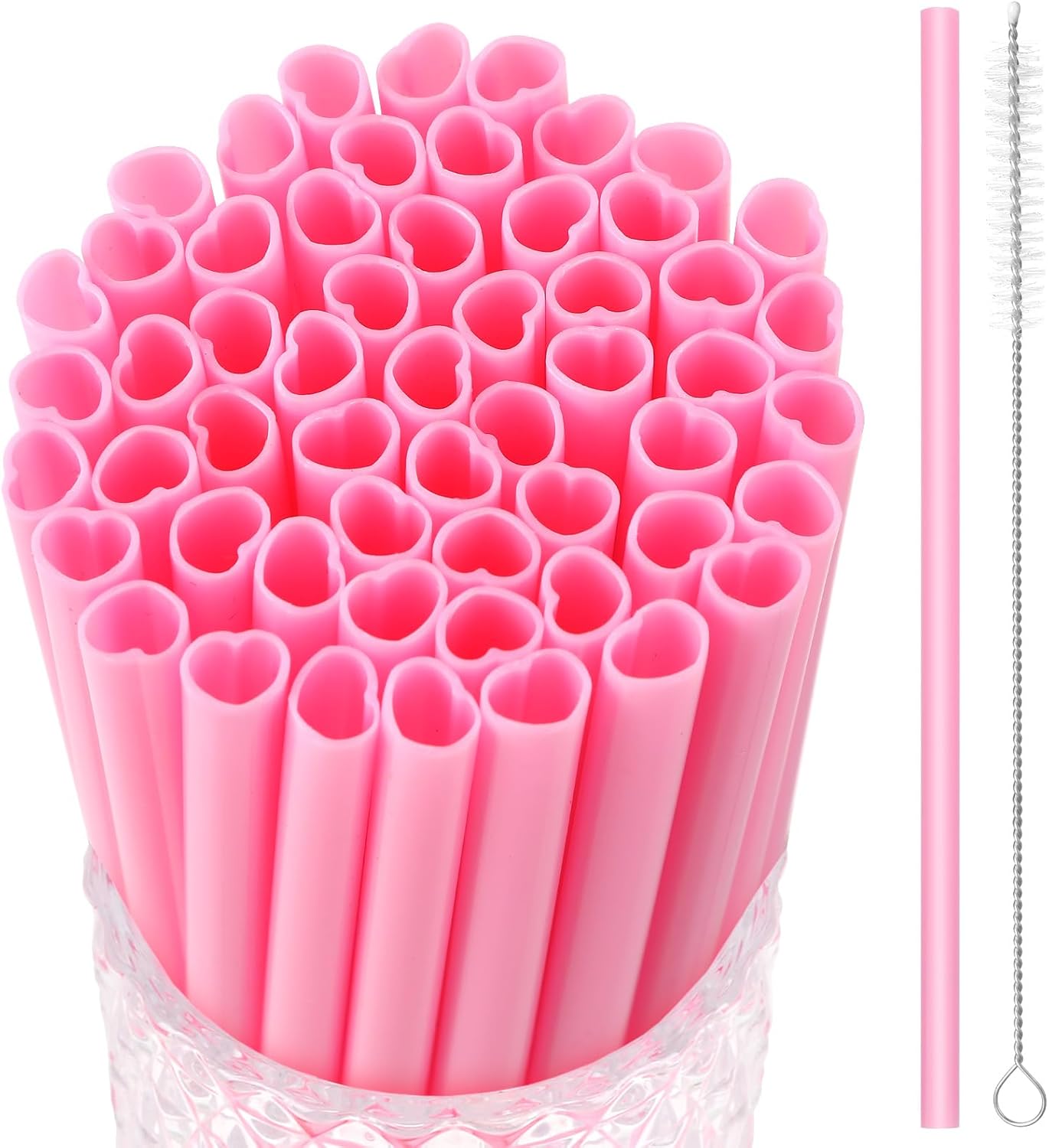 JANYUN 30 Pcs Heart Shaped Pink Plastic Straws, Reusable Valentines Heart Drinking Straws for Party Favors, Birthday, Bridal Shower, Wedding