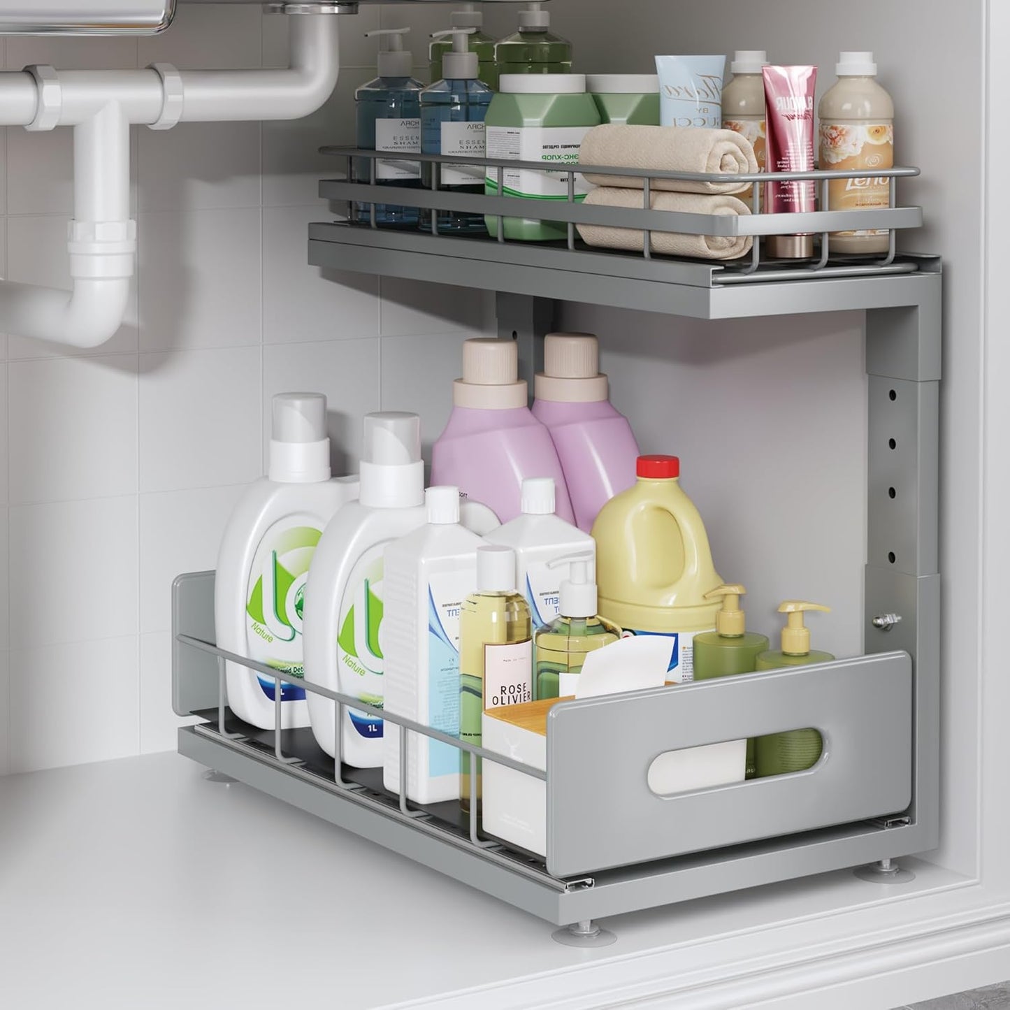 1 Pack Under Sink Organizer Upgrade to Professional Rails,2-Tier Dual Pull Out Cabinet Storage,Height Adjustable Slide Out Drawers for Bathroom Kitchen,Under Sink Shelf-Gun Gray