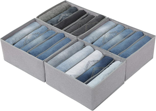 Qozary Pants Jeans Organizer for Closet, 4 Pack Drawer Organizers for Clothing, 5 Grids Wardrobe Clothes Storage for Deep Drawer, T-Shirts, Legging, Short