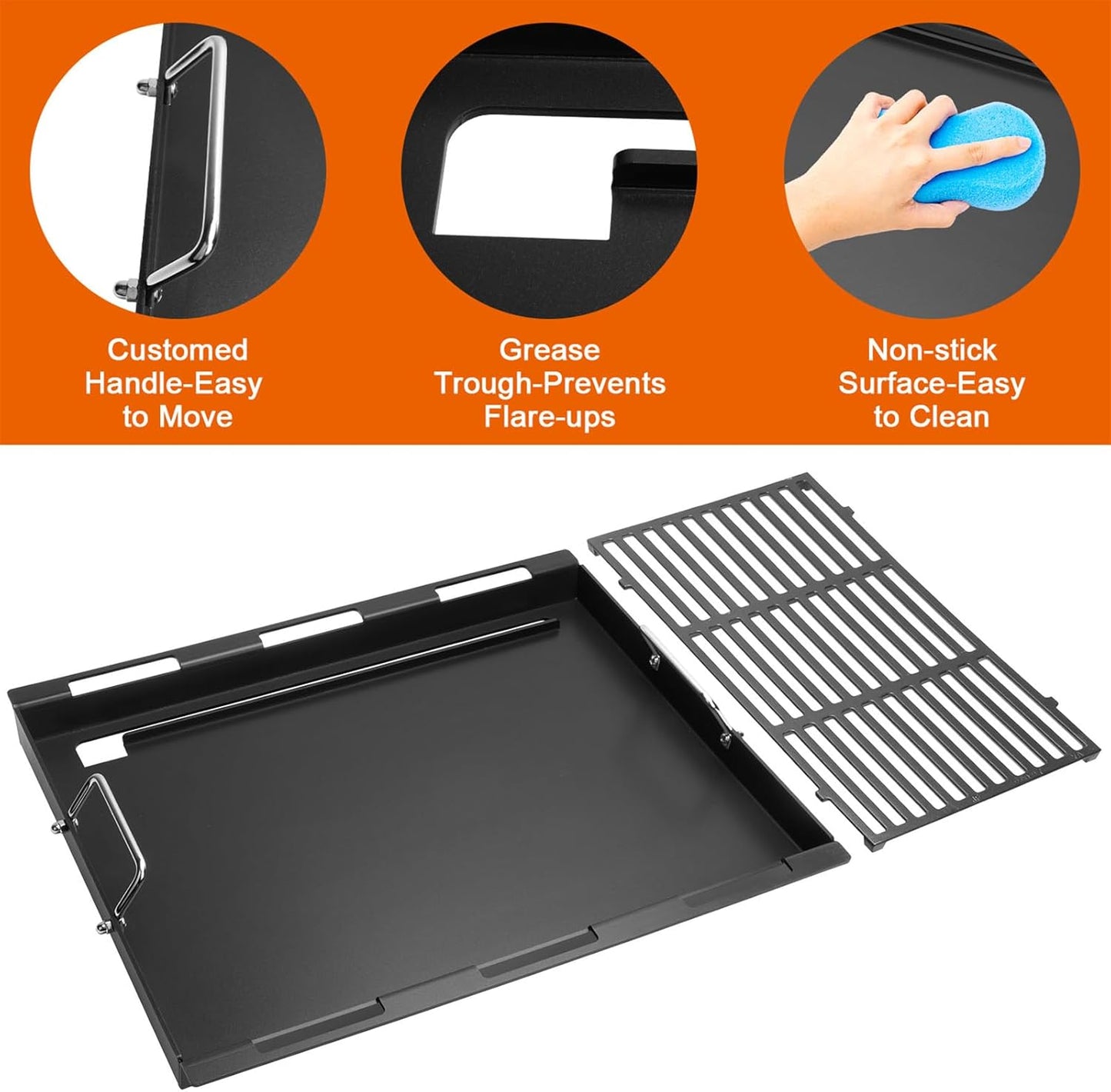 Upgrade Griddle Inserts and Grate for Weber Genesis II 400 Series Gas Grills, Flat Top Griddle with Handles for Genesis II E-410 S-410 E-435 S-435 E-440 S-440 LX E/S-440, Replace for Weber 6789