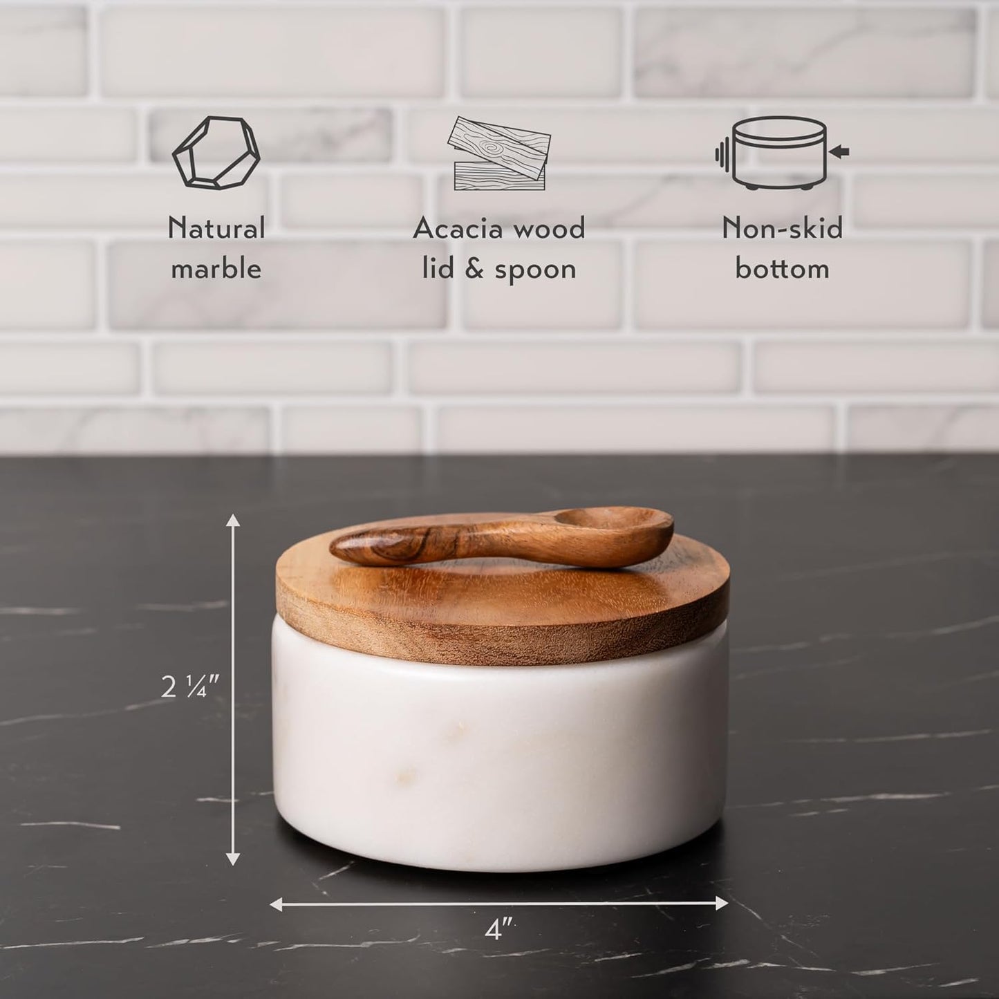 Cork & Mill White Marble Salt Cellar with Acacia Wood Lid and Spoon - Elegant Modern Handcrafted Container for Countertop - Keeps Spices Dry - Wide 4” Salt Pig with Non-Skid Feet