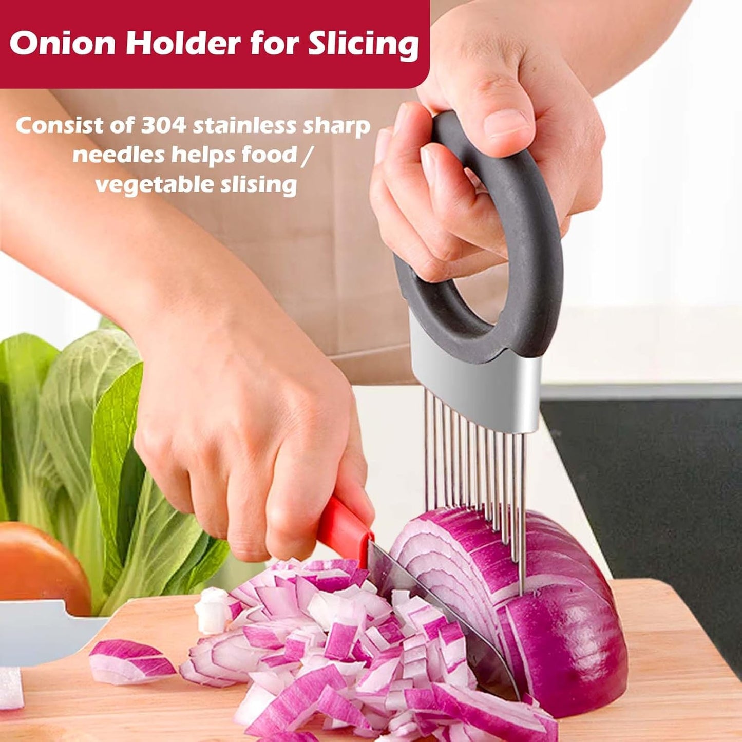 JAYVAR Onion Holder for Slicing, Onion Cutter Vegetable Chopper, Stainless Steel Tomato Potato Slicer, Meat Tenderizer Tool, Convenient Grip Food Slicer Assistant, Food Slice Guide for Vegetable Fruit