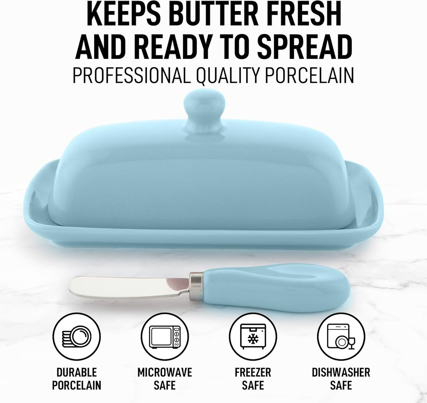 Zulay Butter Dish With Lid For Countertop - Porcelain White, Ceramic Butter Dish with Knob Handle Great for Cooking - Elegant Design Butter Holder - Durable & Sturdy Butter Keeper - Light Blue