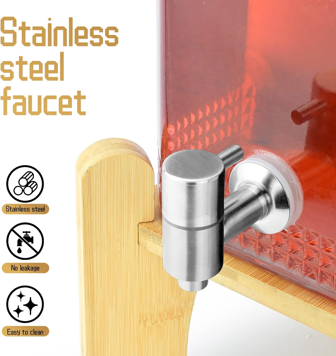 1.5 Gallon Glass Beverage Dispenser With Stand(Natual Bamboo). Water Drink Dispensers for Parties With Stainless Steel Spigot 100% Leakproof.Perfect For Parties And Daily Use.