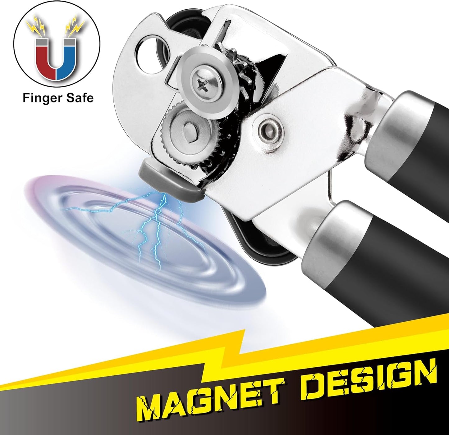 [Smoother Cut] PrinChef Manual Can Opener with Magnet, Improved Handle for More Comfortable Grip, Handheld Can Openers for Seniors, Heavy Duty Can Opener Smooth Edge, Bottle Opener Easy to Use, Black