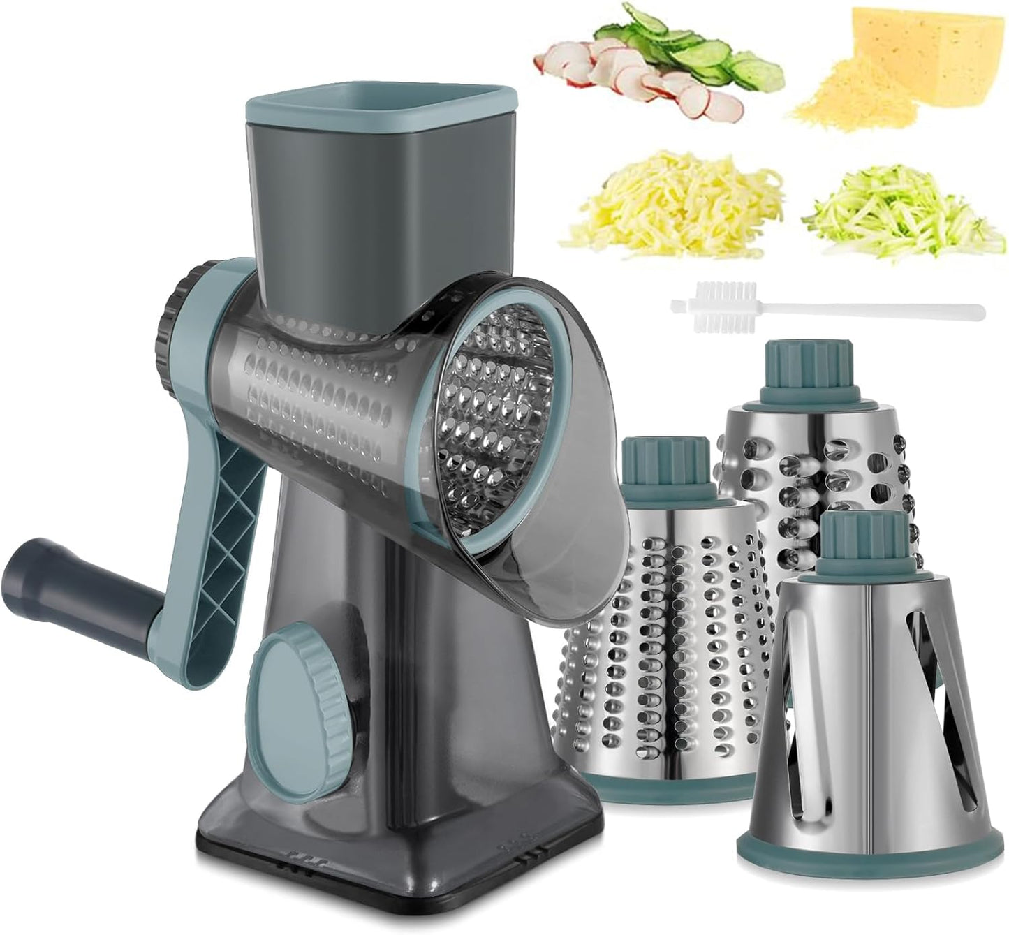 Cheese Grater Hand Crank Rotary Vegetables Shredder with Handle, 3-in-1 Graters with Interchangeable Blades and Strong Suction Base Multifunctional Slicer for Kitchen