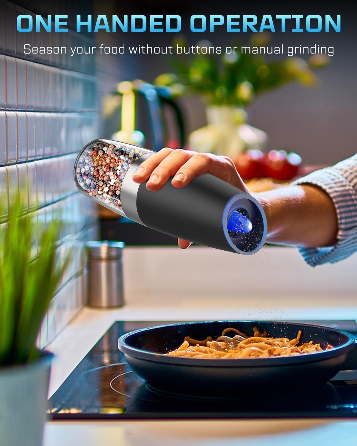 XinXu Gravity Electric Pepper and Salt Grinder Set, Adjustable Coarseness, with LED Light, One Hand Automatic Operation (Set/Black L)