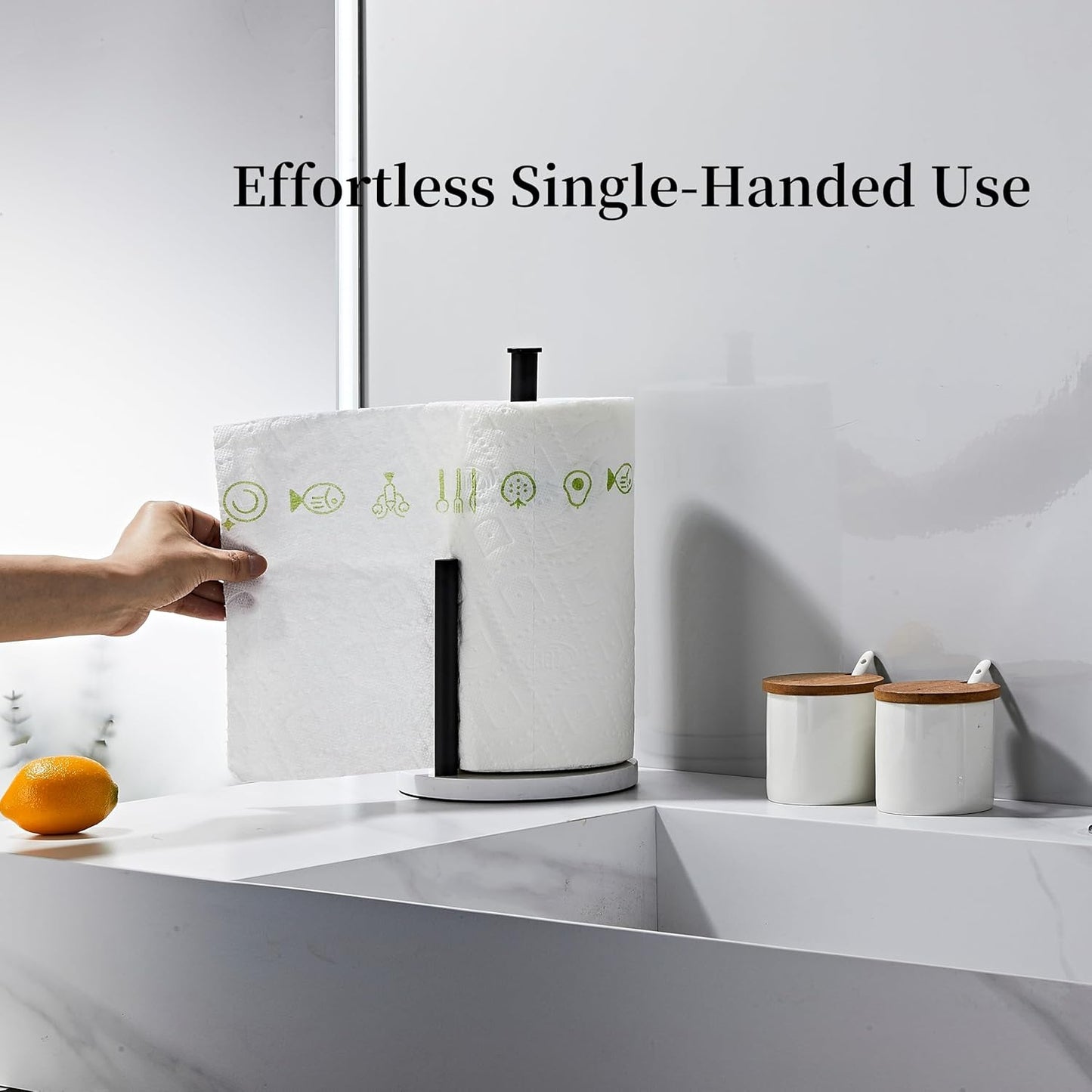 Matte Black Paper Towel Holder,Stainless Steel Paper Towel Holder for Kitchen Roll Organize, Standard or Jumbo-Sized Roll Paper, Countertop Roll Dispenser with Marble Base